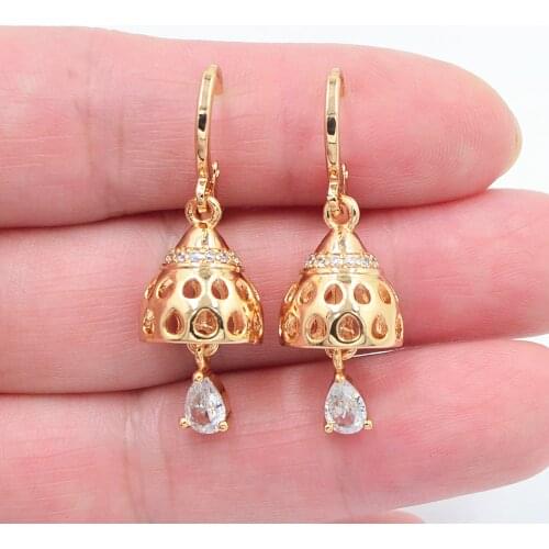 Gold Color Women Fashion Clear Zirconia CZ Laser Stamped Bell Dangle Earrings Jewelry