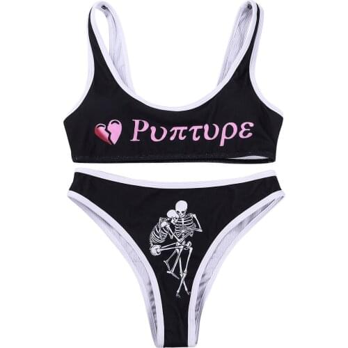 Women Sexy Two Piece Bikini Suits Swimwear Fashion Letter Suspender Tops and Skeleton Print Mid-waist Thong Swimsuit