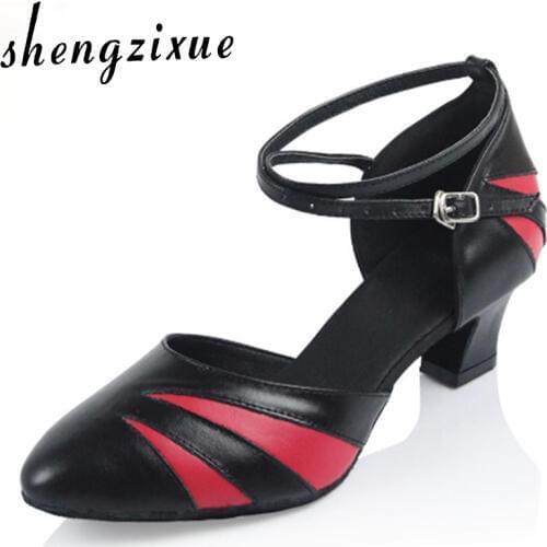 Shengzixue women adult Latin dance shoes low heel genuine leather party Square dance shoes soft outsole