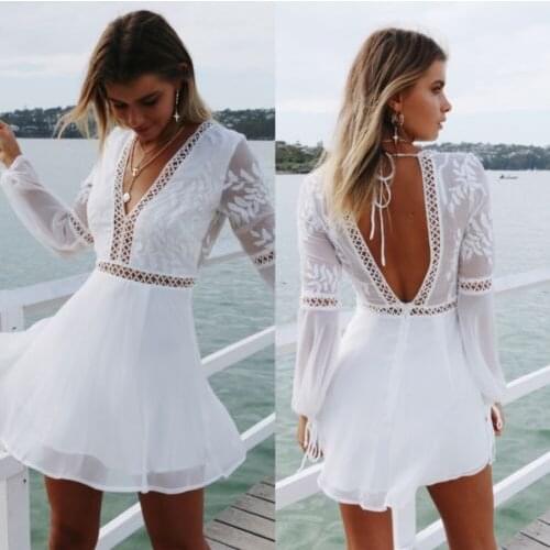 Summer New Women White Lace Deep V Long Sleeve Mini Dress Sundress Casual Sexy V-Neck Sunscreen Lantern Sleeve Dresses
