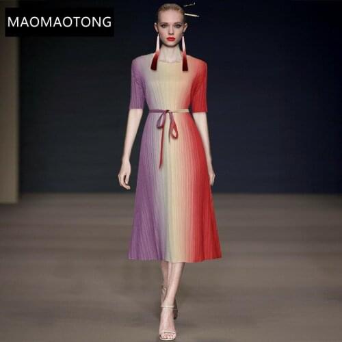 Fashion Designer Summer Midi Dress Womens O-neck Short sleeve Sashes Ombre Stylish Party Dress Vestidos