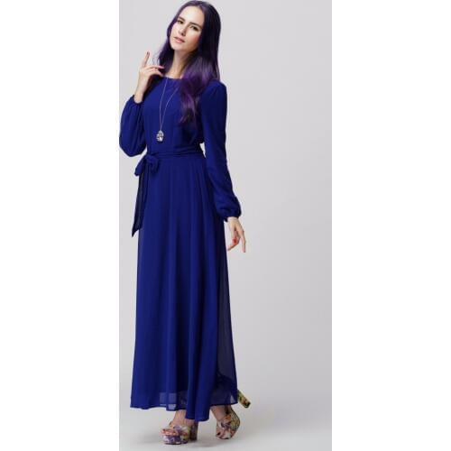 Spring Summer Woman Clothing Slim Thin Bow Solid Color Simple Muslim Female Garment Long Sleeve Chiffon Maxi Dress