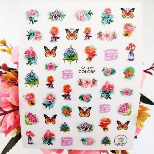 3D Nail Sticker Art Colorful Butterfly Rose Design Stickers for Nails Decoraciones Adhesive Foil Decals Manicure Accessories