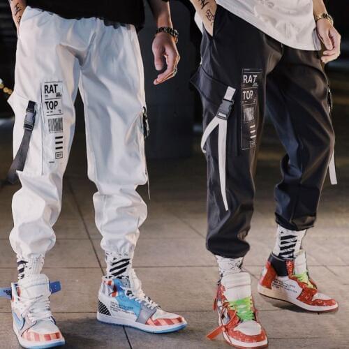 Hip hop Streetwear Men Harem Cargo Pants Korean Jogger Sweatpants Solid color Black White Ankle Length Trousers White Techwear