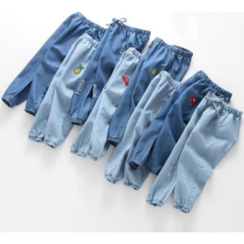 Yocute Kids Clothing Boy Girl Spring Summer Jeans Anti Mosquito Pants Kids Cotton Cartoon Embroidered Light Denim Pants For 2-6Y