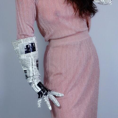 Newspaper Print Long Leather Gloves 50cm Patent Leather Faux Leather Black White Contrast Wide Sleeve Women Gloves PU218