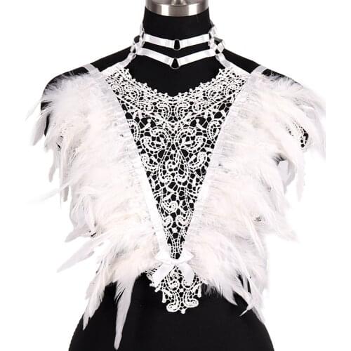 Women Swordbelt Lace Splice Feather Epaulettes Harness Cage Bra Cosplay Gothic Tops Elastic Adjustable Shoulder Wings Bra Dance