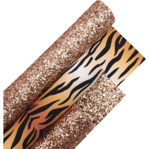 Double Sides Rose Gold Chunky Glitter Leather Fabric Sheets with Tiger Pattern Printed Felt Backing For Bows DIY A4 SIZE 6S82
