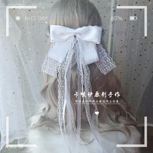 Original Handmade Antiquity Hair Accessories Hanfu Lace Trim Large Bowknot Hairpin Long Ribbon Solid Color Side Clip