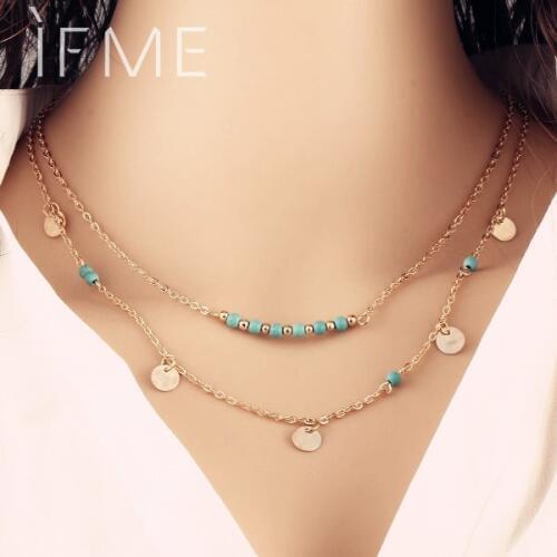 IF ME Steampunk Necklaces Simple Multilayer Gold Color Coin Kallaite Bead Resin Chain Necklace Summer For Women