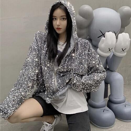 Bling Sequined Jacket Zip Up for girl Womens Plus Size Black Silver Casual Coat Korean Y2K Kpop Style Oversized LT555S50