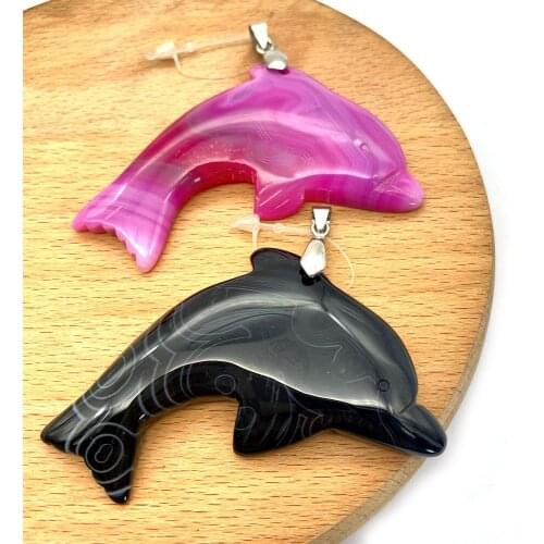 1Pc Natural Semi-precious Stone Dolphin Shape Pendants Black Yellow 6 Colors DIY for Making Necklace Accessions 40x58mm Size