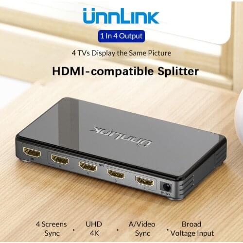 Unnlink HDMI-compatible Splitter 1X4 UHD 4K@30Hz 3D FHD1080P@60Hz HDMI 1 In 4 Out for Smart LED TV MI Box Monitor ps4 Computer