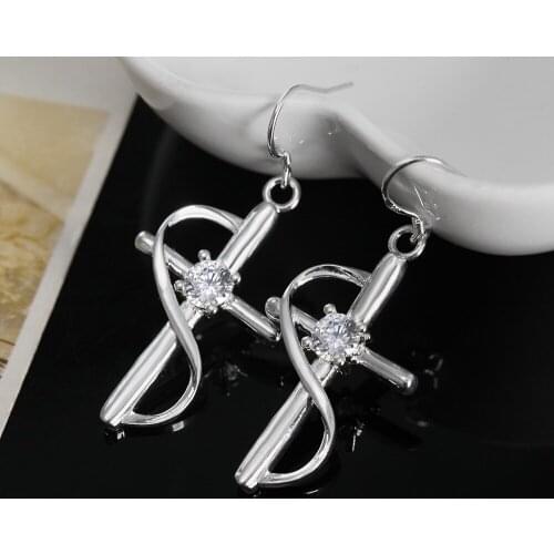 New High quality party Jewelry 925 Sterling Silver noble crystal cross Drop Earrings for Woman fashion Christmas Gifts