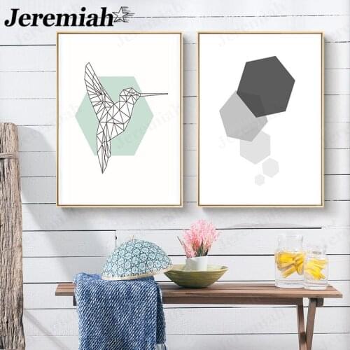 Modern Abstract Geometric Canvas Painting Hummingbird Simple Hexagon Pattern Poster Wall Art Nordic Home Room Decoration