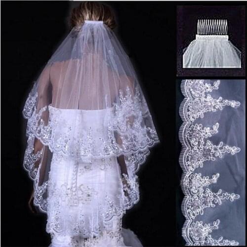 Wedding Veils 2 Layer Lace Applique Edge With Beads Rhinestones Bridal Veil Bridal Accessories 2023