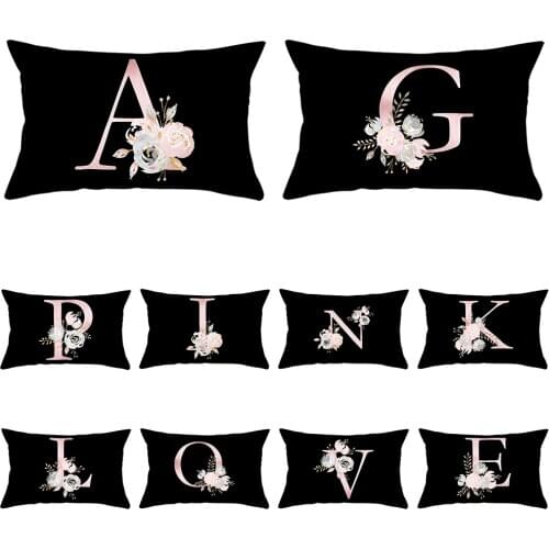 Light Pink Letter Flower Combine Black Plush Pillow Case Super Soft Living Room Sofa Decorative Rectangle Cushion Cover 30x50 Cm