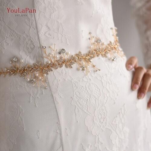 TOPQUEEN SH233-G Wedding Rhinestone Belts for Women Elegant Gown Belt for Women Golden Diamond Dress Belt Pearl Wedding Belt