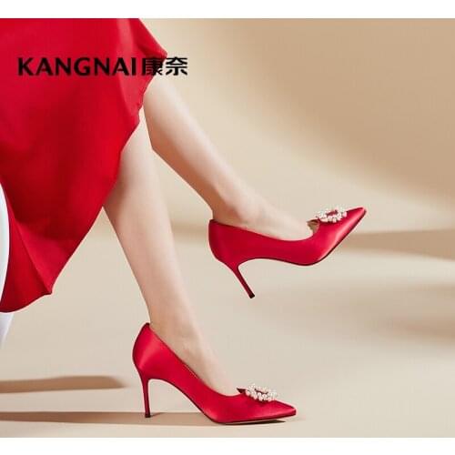 KANGNAI Wedding Shoes Women High Heels Pearl Shallow Pumps Ladies Party Dress Thin Heels Red Bride Shoes