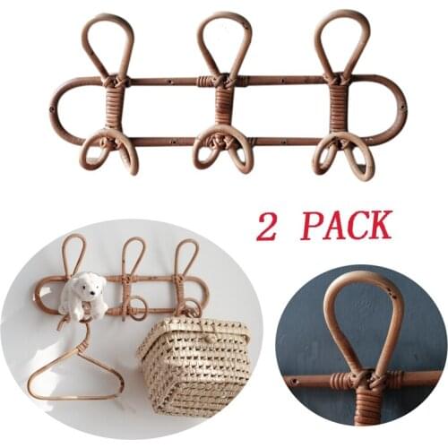2 Pack Handmade Rattan Hanger Wall Hooks Clothes Hat Retro Rustic Wall Hanging Hanger Household Hook Tools 3 Hooks