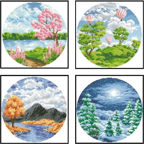 Four Seasons Cross Stitch Patterns Kits Landscapes Needlework Sets DIY Embroidery Printed 11CT 14CT Home Decor Scenery Paintings