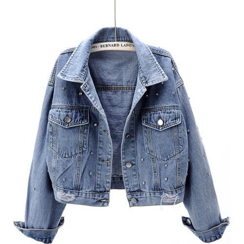 2021 Spring New Diamond Denim Jacket Women Chaqueta Mujer Korean Light Blue Slim Short Jeans Jacket Basic Coat Female Streetwear