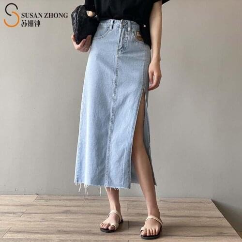 Women Denim Skirts Summer Zipper Fly Button Pockets Side Slit Tassel Hem Casual Cozy Leisure Straight Calf Length Patchwork Y2K