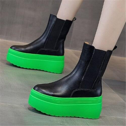 Punk Goth Oxfords Creepers Women' Leather Round Toe High Heel Platform Ankle Boots Pull On Casual Shoes 34 35 36 37 38 39 40