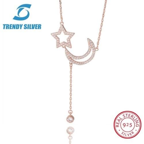 925 sterling silver necklace chain for women woman rose gold plated pendant jewelry pave CZ moon star