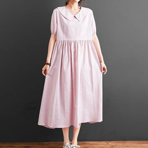 Peter pan Collar Japan Style Sweet Girls Chic Plaid Dress 2021 New Pure Cotton Women Summer Casual Dress Office Lady Work Dress