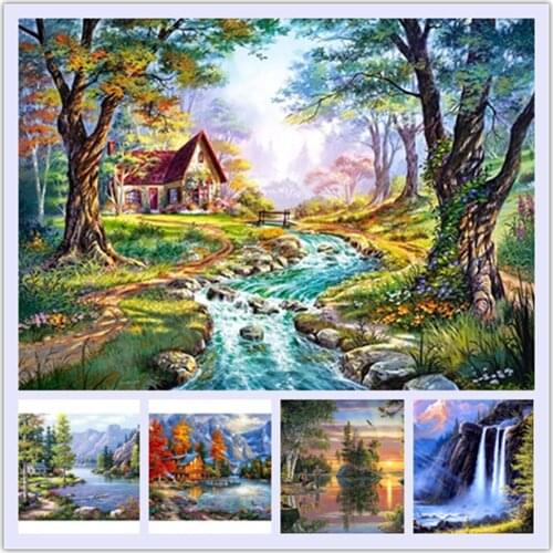 100% Full 5D Diy Diamond Painting Mountain House River scenery Diamond Painting Round Rhinestone Diamond Embroidery home decor