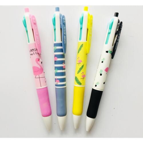 4 In 1 Colorful Fresh Flamingo Press Ballpoint Pen Writing Drawing Ball Pen Office School Supply Student Stationery