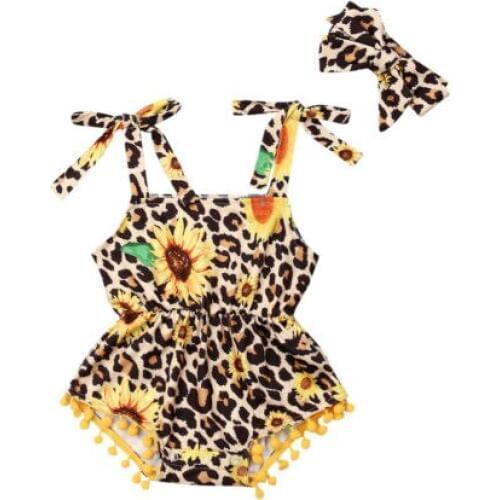 2019 New Hot Sale Infant Baby Kid Girl Sunflower Leopard Romper Bodysuit Jumpsuit Headband Clothes Set