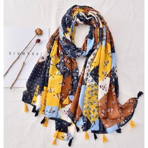 2020 Women Floral Pattern Cotton Voile Tassel Scarf 2Colors 10pcs/lot