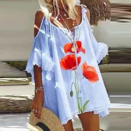 2021 Floral Print Short Sleeve Summer Casual Loose Dress Sexy Women Beach Mini High Quality Dress