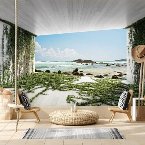 Balcony Sea View 3d Wallpapers for Living Room Non Woven Green Grass Wood Pattern Walls Paper In Rolls Cabinet Murals Stickers