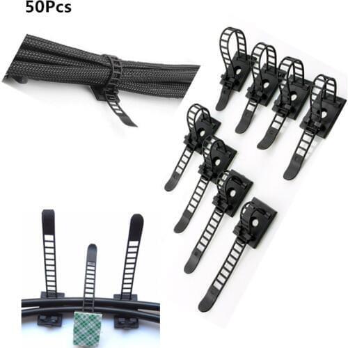 50Pcs Black Sticky Cable Holder Clips Wiring Fix Mounts Clip Adjustable Cable Tie Cable Clips Wiring Accessories