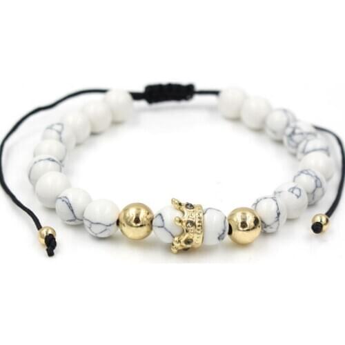 8mm yh34 gold silver micro pave cz zircon cubic zirconia Bracelet adjusted nature stone bead Crown white Howlite Bangles