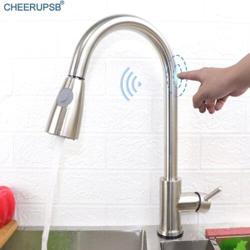 Smart Touch Kitchen Sink Automatic Faucet Deck Mount Pull Out Crane Stainless Steel Touch Sensor Actived Tap Touch Sense Faucets