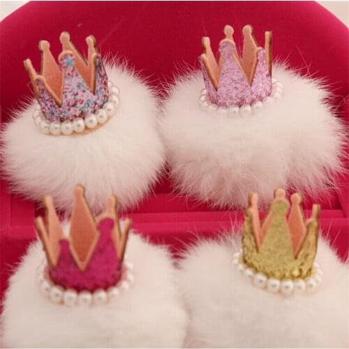 Free Shipping 3D Glitter Princess Crown Button Patch Sticker with White Fur Ball Decorated for Girls Headband Hair Jewelry DIY