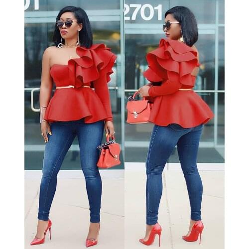 One Shoulder Zipper Up Peplum Ruffle Tops Women One Long Sleeve White Blouse Shirt Elegant Ladies Party Blouse Summer 2019