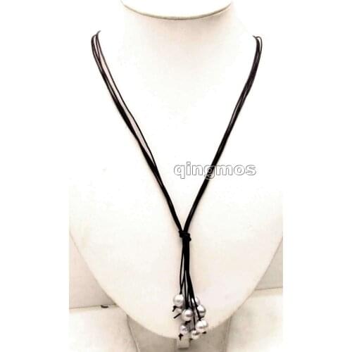 Big 10-11mm Gray Potato Natural Freshwater Pearl & Black Leather 4 strands 32" Long Necklace-nec6149 Wholesale/retail Free ship