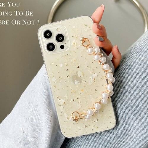Wrist Chain Case for iPhone 11 Pro Max 7 8 Plus XS Max SE 20 Gold foil Cases Cute Diamond Pearl Chain Hanging Case for iPhone 12