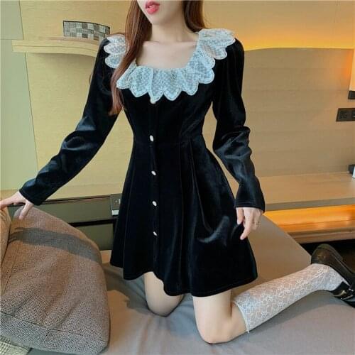 Elegant High waist Velvet Long Sleeve Dress Autumn Spring New 2021 Vintage Lace Ruffle Square Neck Black Women Dresses 866B