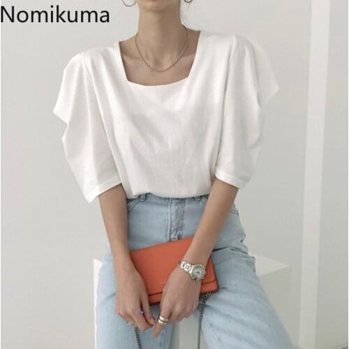Nomikuma Korean Style T Shirt Women Solid Color Square Collar Short Puff Sleeve Tshirts Summer All-match Graphic Tees Camisetas