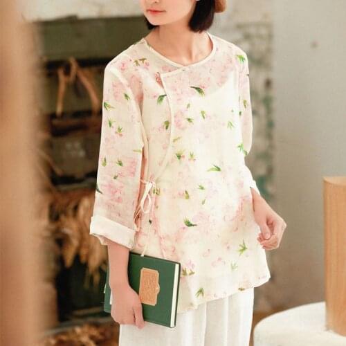 Johnature Women Vintage Ramie Shirts O-Neck Three Quarter Sleeve Button Blouses 2021 Summer New Chinese Style Print Floral Tops