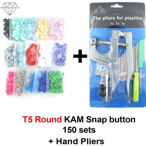 KAM Round Star Heart Snap Buttons U Shape Fastener Snap Pliers For T5 T3 Plastic Press Button Metal Press Tongs+150 Sets Buttons