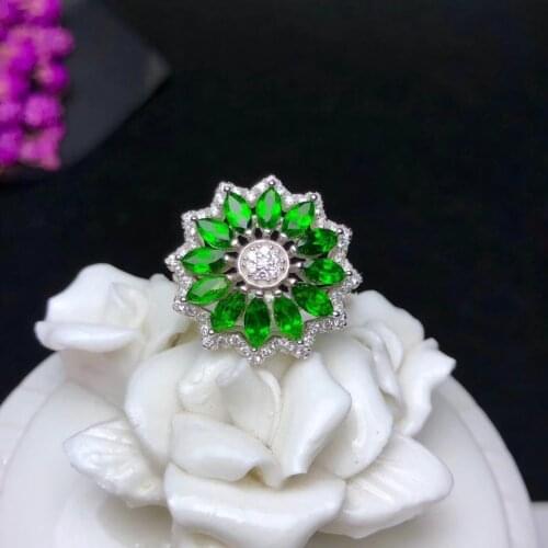 S925 silver Natural green diopside gem ring natural gemstone ring Luxurious big round Sun flower woman girl party gift jewelry
