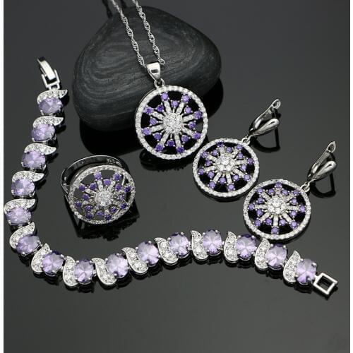 Silver 925 Jewelry Purple CZ White Crystal Jewelry Sets For Women Wedding Bracelet/Pendant/Earrings/Ring/Necklace Set