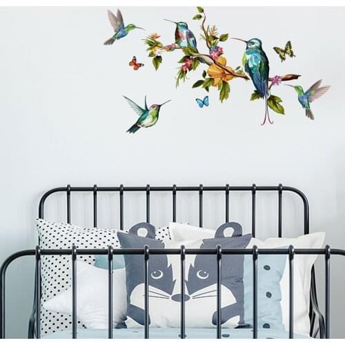 Colorful Butterflies Branch Bird Wall Stickers Living Room Wall Decoration Aesthetic Modern Bedroom Home Decor Wallpaper Mural